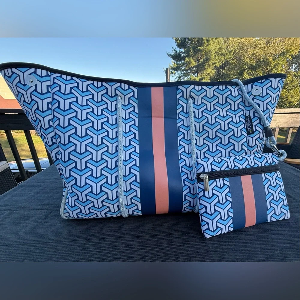 Threaded Pear Neoprene Geometric Blue and Pink Tote Bag with Pouch - Picture 2 of 5